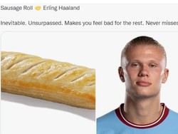 Erling Haaland disamakan dengan Sausage Roll, dengan narasi yang sarat pujian. Foto: dok. Twitter @GreggsOfficial