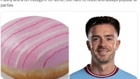 Jack Grealish dapat pujian sekaligus ledekan; terkadang kelewat mencolok, tapi sukar ditolak dan selalu populer saat pesta. Foto: dok. Twitter @GreggsOfficial