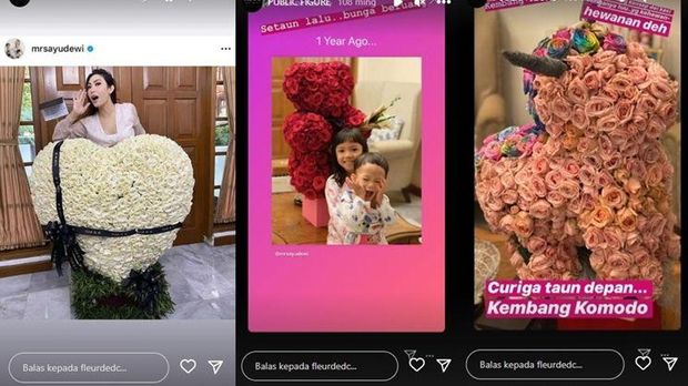 Foto Ayu Dewi dengan bunga yang diduga dibeli di toko milik Denise Chariesta