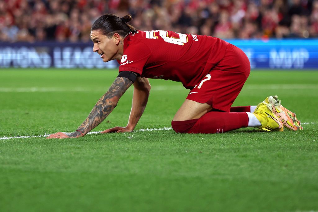 LIVERPOOL, ENGLAND - OCTOBER 04: Darwin Nunez of Liverpool reacts after a missed chance during the UEFA Champions League group A match between Liverpool FC and Rangers FC at Anfield on October 04, 2022 in Liverpool, England. (Photo by Clive Brunskill/Getty Images)