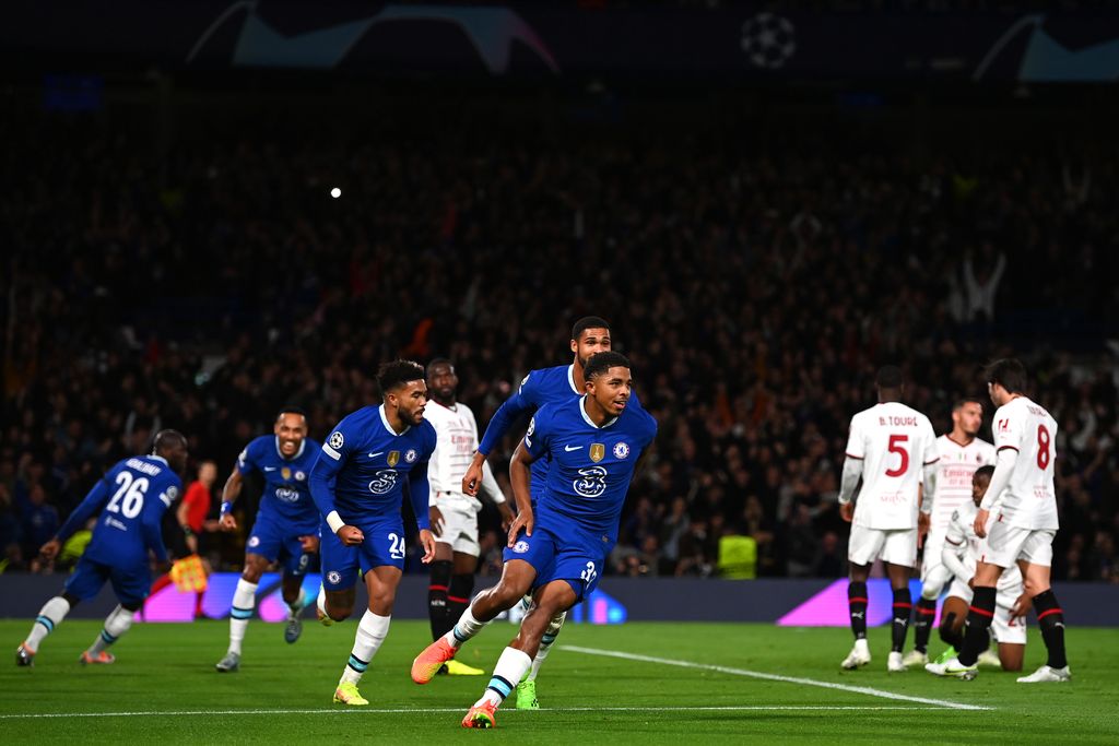 LONDON, ENGLAND - OCTOBER 05: Wesley Fofana of Chelsea celebrates after scoring their sides first goal during the UEFA Champions League group E match between Chelsea FC and AC Milan at Stamford Bridge on October 05, 2022 in London, England. (Photo by Darren Walsh/Chelsea FC via Getty Images)