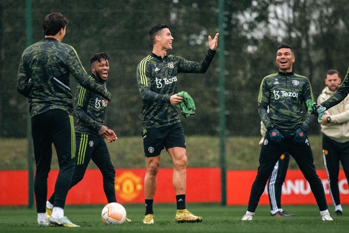 MANCHESTER, ENGLAND - OCTOBER 05:   Cristiano Ronaldo of Manchester United reacts during a Manchester United training session at at Carrington Training Ground on October 5, 2022 in Manchester, England. (Photo by Ash Donelon/Manchester United via Getty Images)