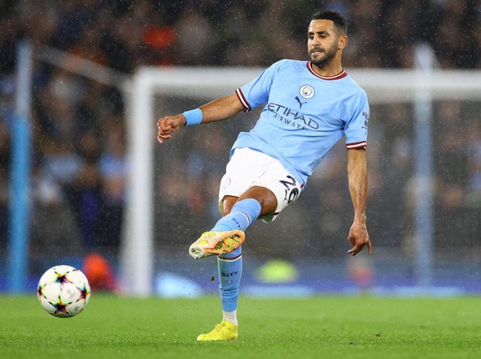MANCHESTER, ENGLAND - OCTOBER 05: Riyad Mahrez of Manchester City during the UEFA Champions League group G match between Manchester City and FC Copenhagen at Etihad Stadium on October 05, 2022 in Manchester, England. (Photo by Michael Steele/Getty Images)