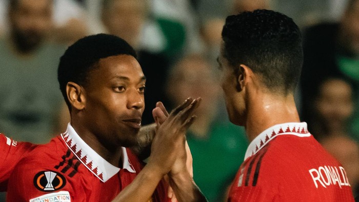 NICOSIA, CYPRUS - OCTOBER 06: Anthony Martial of Manchester United celebrates scoring their second goal with Cristiano Ronaldo of Manchester United during the UEFA Europa League group E match between Omonia Nikosia and Manchester United at GSP Stadium on October 06, 2022 in Nicosia, Cyprus. (Photo by Ash Donelon/Manchester United via Getty Images)