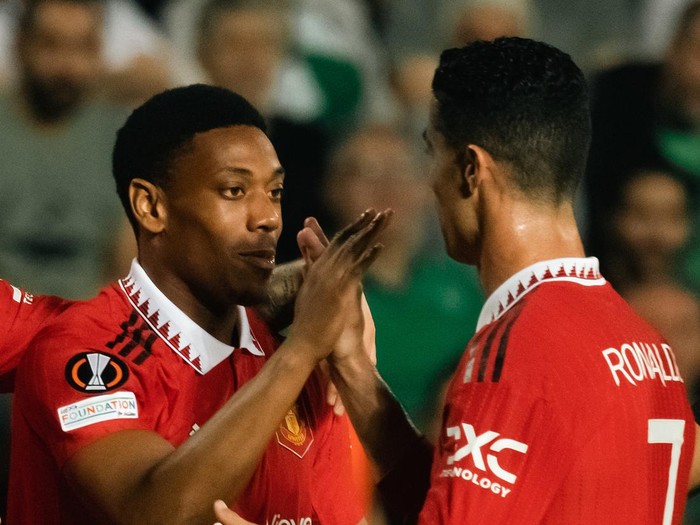 NICOSIA, CYPRUS - OCTOBER 06: Anthony Martial of Manchester United celebrates scoring their second goal with Cristiano Ronaldo of Manchester United during the UEFA Europa League group E match between Omonia Nikosia and Manchester United at GSP Stadium on October 06, 2022 in Nicosia, Cyprus. (Photo by Ash Donelon/Manchester United via Getty Images)