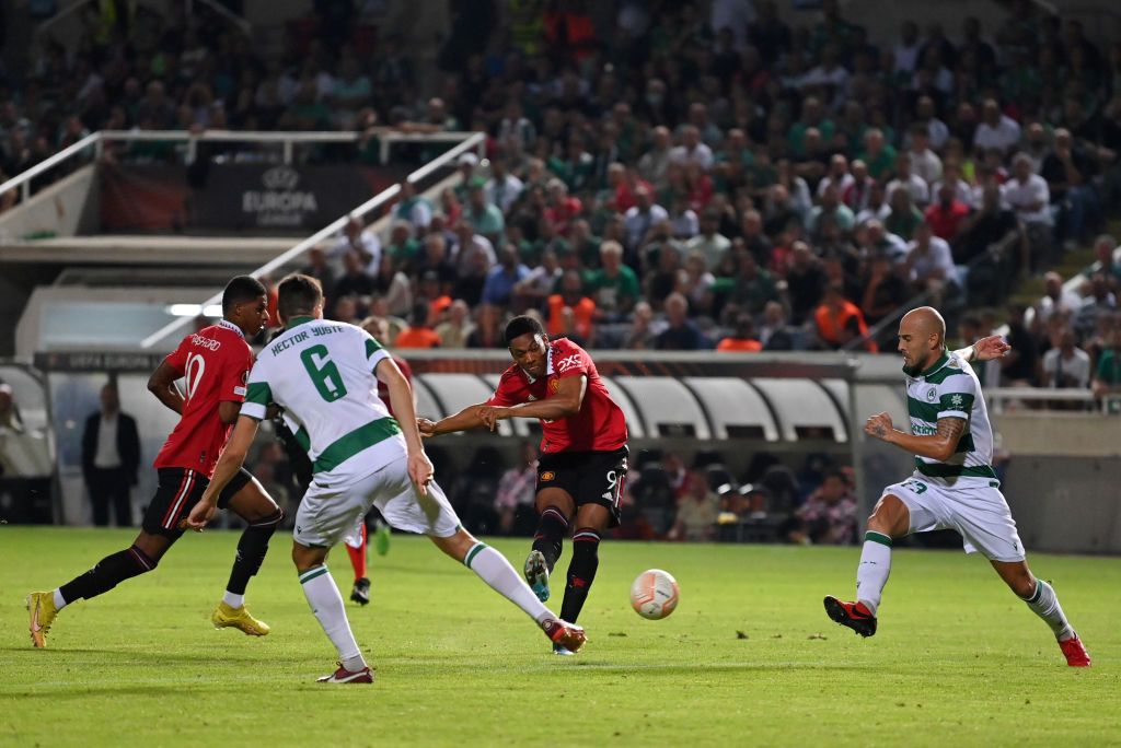 NICOSIA, CYPRUS - OCTOBER 06: Anthony Martial of Manchester United celebrates scoring their second goal with Cristiano Ronaldo of Manchester United during the UEFA Europa League group E match between Omonia Nikosia and Manchester United at GSP Stadium on October 06, 2022 in Nicosia, Cyprus. (Photo by Ash Donelon/Manchester United via Getty Images)