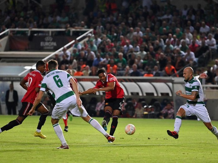 NICOSIA, CYPRUS - OCTOBER 06: Anthony Martial of Manchester United celebrates scoring their second goal with Cristiano Ronaldo of Manchester United during the UEFA Europa League group E match between Omonia Nikosia and Manchester United at GSP Stadium on October 06, 2022 in Nicosia, Cyprus. (Photo by Ash Donelon/Manchester United via Getty Images)