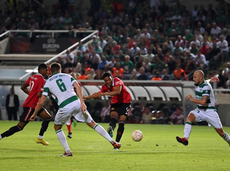 NICOSIA, CYPRUS - OCTOBER 06: Anthony Martial of Manchester United celebrates scoring their second goal with Cristiano Ronaldo of Manchester United during the UEFA Europa League group E match between Omonia Nikosia and Manchester United at GSP Stadium on October 06, 2022 in Nicosia, Cyprus. (Photo by Ash Donelon/Manchester United via Getty Images)