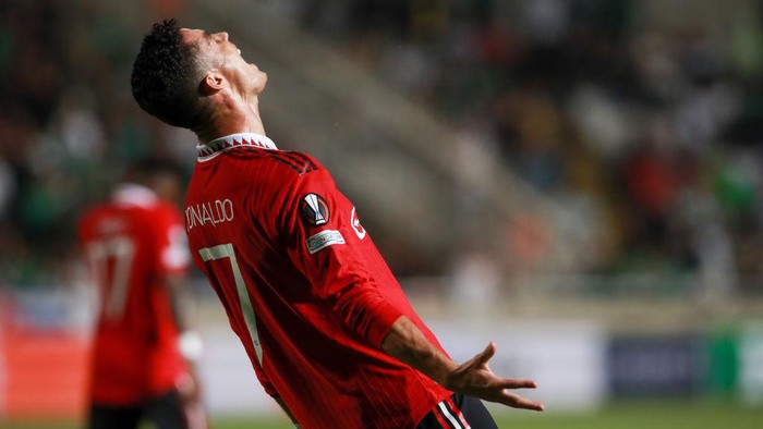 Cristiano Ronaldo NICOSIA, CYPRUS - OCTOBER 06: Cristiano Ronaldo of Manchester United reacts during the UEFA Europa League group E match between Omonia Nikosia and Manchester United at GSP Stadium on October 6, 2022 in Nicosia, Cyprus. (Photo by MB Media/Getty Images)