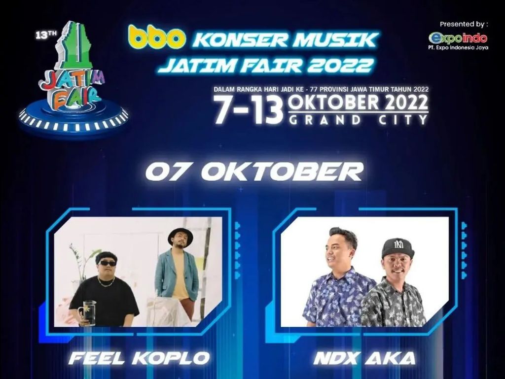 Jadwal Jatim Fair 7 Oktober 2022, Ada Feel Koplo dan NDX AKA