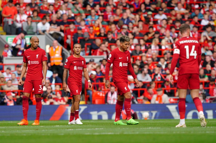 Liverpool players dejected after Brighton and Hove Albions Leandro Trossard (not pictured) scores their sides second goal of the game during the Premier League match at Anfield, Liverpool. Picture date: Saturday October 1, 2022. (Photo by Peter Byrne/PA Images via Getty Images)