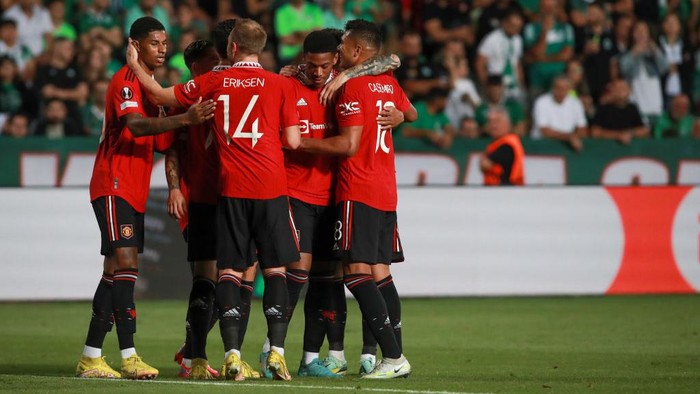 NICOSIA, CYPRUS - OCTOBER 06: Anthony Martial of  Manchester United celebrates the goal he scored with his teammates during the UEFA Europa League group E match between Omonia Nikosia and Manchester United at GSP Stadium on October 6, 2022 in Nicosia, Cyprus. (Photo by MB Media/Getty Images)
