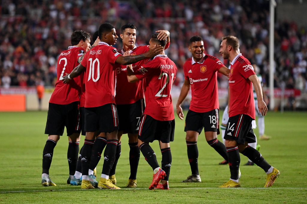 NICOSIA, CYPRUS - OCTOBER 06: Anthony Martial of Manchester United celebrates with teammates after scoring their team's second goal during the UEFA Europa League group E match between Omonia Nikosia and Manchester United at GSP Stadium on October 06, 2022 in Nicosia, Cyprus. (Photo by Manchester United/Manchester United via Getty Images)