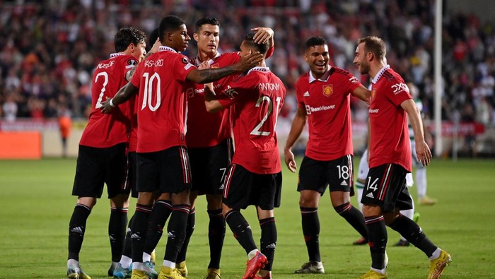 NICOSIA, CYPRUS - OCTOBER 06: Anthony Martial of Manchester United celebrates with teammates after scoring their teams second goal during the UEFA Europa League group E match between Omonia Nikosia and Manchester United at GSP Stadium on October 06, 2022 in Nicosia, Cyprus. (Photo by Manchester United/Manchester United via Getty Images)