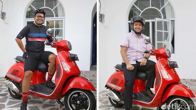 Beginilah potret Edo Azhara saat bersepeda dan saat menuju tempat kerja dengan berlatar kendaraan roda dua yang ia miliki.