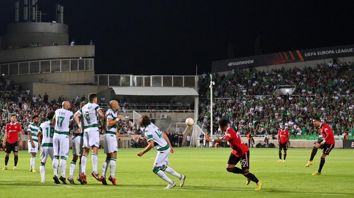 NICOSIA, CYPRUS - OCTOBER 06: Cristiano Ronaldo of Manchester United takes a free kick during the UEFA Europa League group E match between Omonia Nikosia and Manchester United at GSP Stadium on October 06, 2022 in Nicosia, Cyprus. (Photo by Manchester United/Manchester United via Getty Images)