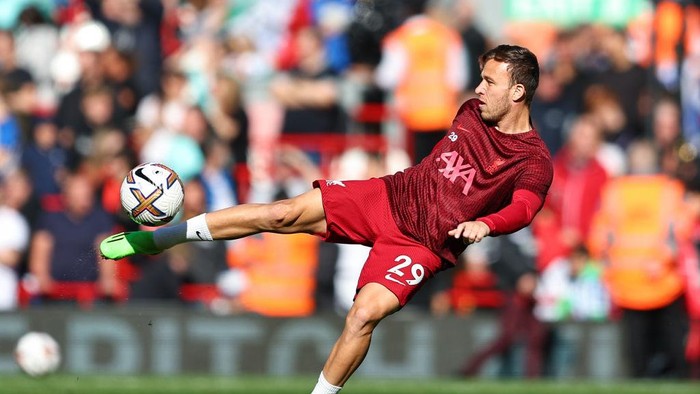 LIVERPOOL, ENGLAND - OCTOBER 01: Arthur Melo of Liverpool during the Premier League match between Liverpool FC and Brighton & Hove Albion at Anfield on October 1, 2022 in Liverpool, United Kingdom. (Photo by Robbie Jay Barratt - AMA/Getty Images)
