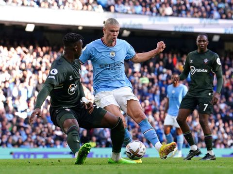 Manchester City's Erling Haaland scores the fourth goal of the match during the Premier League match at the Etihad Stadium in Manchester.  Image date: Saturday, October 8, 2022. (Photo by Martin Rickett / PA Images via Getty Images)