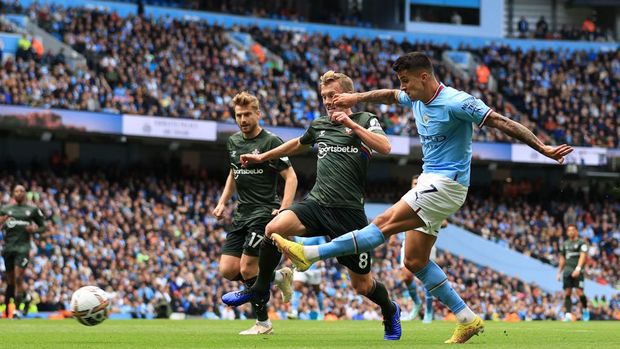 MANCHESTER, ENGLAND - OCTOBER 08: Joao Cancelo of Manchester City scores their 1st goal during the Premier League match between Manchester City and Southampton FC at Etihad Stadium on October 8, 2022 in Manchester, United Kingdom. (Photo by Simon Stacpoole/Offside/Offside via Getty Images)