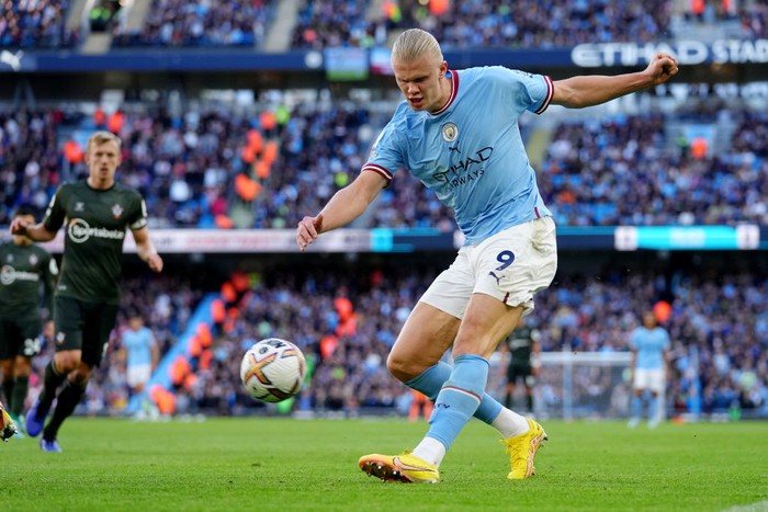 MANCHESTER, ENGLAND - OCTOBER 08: Erling Haaland of Manchester City during the Premier League match between Manchester City and Southampton FC at Etihad Stadium on October 08, 2022 in Manchester, England. (Photo by Lynne Cameron - Manchester City/Manchester City FC via Getty Images)