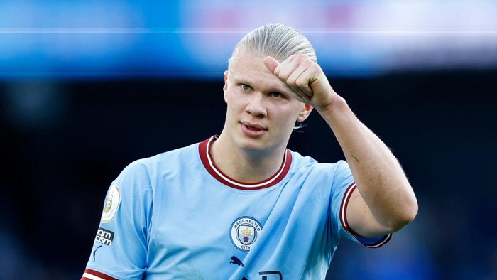 MANCHESTER, ENGLAND - OCTOBER 08: Erling Haaland of Manchester City during the Premier League match between Manchester City and Southampton FC at Etihad Stadium on October 08, 2022 in Manchester, England. (Photo by Lynne Cameron - Manchester City/Manchester City FC via Getty Images)