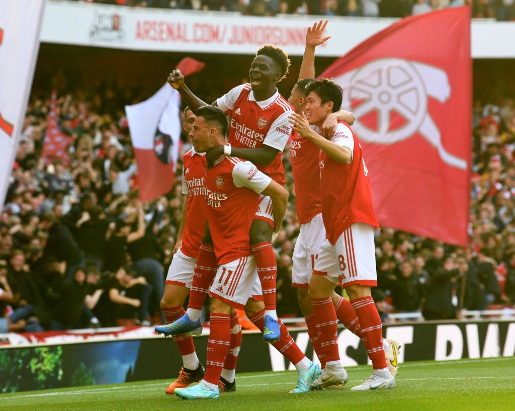 LONDON, ENGLAND - OCTOBER 09: Gabriel Martinelli celebrates scoring Arsenal's 1st goal with Bukayo Saka during the Premier League match between Arsenal FC and Liverpool FC at Emirates Stadium on October 09, 2022 in London, England. (Photo by David Price/Arsenal FC via Getty Images)
