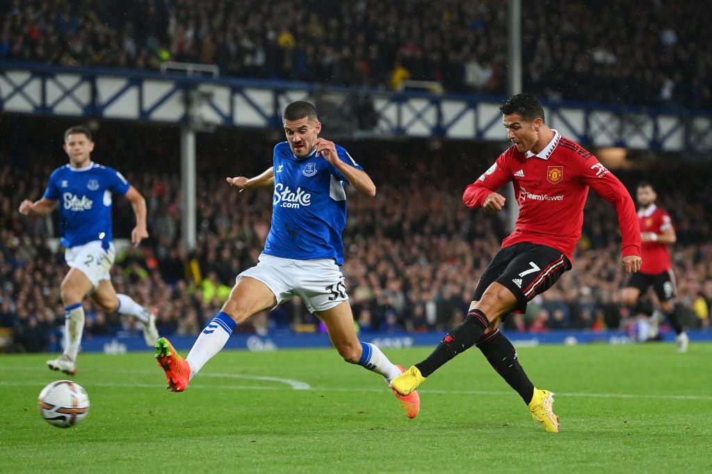 LIVERPOOL, ENGLAND - OCTOBER 09: Cristiano Ronaldo of Manchester United during the Premier League match between Everton FC and Manchester United at Goodison Park on October 9, 2022 in Liverpool, United Kingdom. (Photo by James Williamson - AMA/Getty Images)
