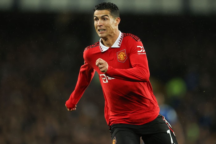 LIVERPOOL, ENGLAND - OCTOBER 09: Cristiano Ronaldo of Manchester United during the Premier League match between Everton FC and Manchester United at Goodison Park on October 9, 2022 in Liverpool, United Kingdom. (Photo by James Williamson - AMA/Getty Images)