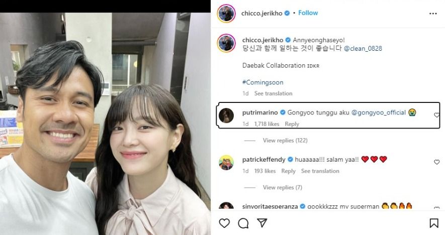 Komentar Putri Marino pada unggahan Chicco Jerikho bareng Kim Sejeong
