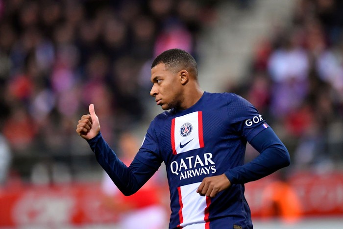 Kylian Mbappe REIMS, FRANCE - OCTOBER 08: Kylian Mbappe of Paris Saint-Germain reacts during the Ligue 1 match between Stade Reims and Paris Saint-Germain at Stade Auguste Delaune on October 08, 2022 in Reims, France. (Photo by Aurelien Meunier - PSG/PSG via Getty Images)