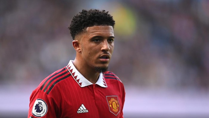 MANCHESTER, ENGLAND - OCTOBER 02: Jadon Sancho of Manchester United looks on during the Premier League match between Manchester City and Manchester United at Etihad Stadium on October 02, 2022 in Manchester, England. (Photo by Laurence Griffiths/Getty Images)