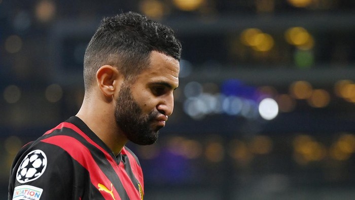 COPENHAGEN, DENMARK - OCTOBER 11: Riyad Mahrez of Manchester City reacts after being substituted off during the UEFA Champions League group G match between FC Copenhagen and Manchester City at Parken Stadium on October 11, 2022 in Copenhagen, Denmark. (Photo by Dan Mullan/Getty Images)