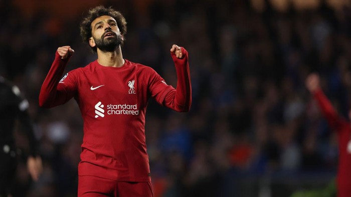 GLASGOW, SCOTLAND - OCTOBER 12: Mohamed Salah of Liverpool reacts during the UEFA Champions League group A match between Rangers FC and Liverpool FC at Ibrox Stadium on October 12, 2022 in Glasgow, United Kingdom. (Photo by Matthew Ashton - AMA/Getty Images)