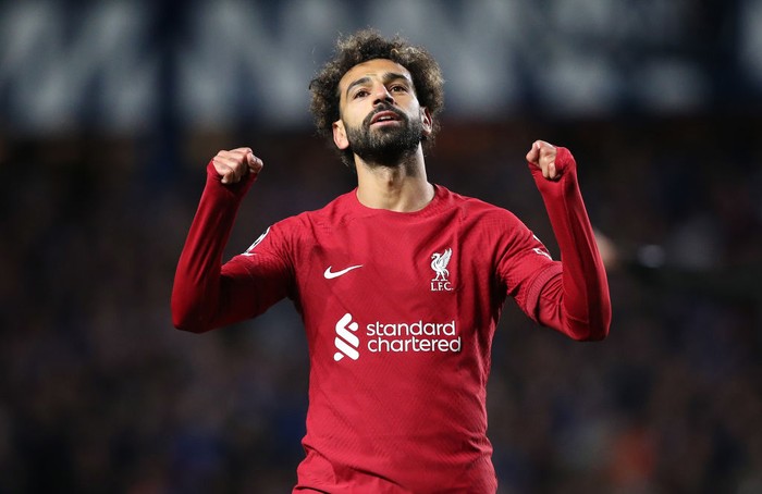Mohamed Salah GLASGOW, SCOTLAND - OCTOBER 12: Mohamed Salah of Liverpool FC celebrates after scoring their fifth goal during the UEFA Champions League group A match between Rangers FC and Liverpool FC at Ibrox Stadium on October 12, 2022 in Glasgow, Scotland. (Photo by Alex Livesey - Danehouse/Getty Images)