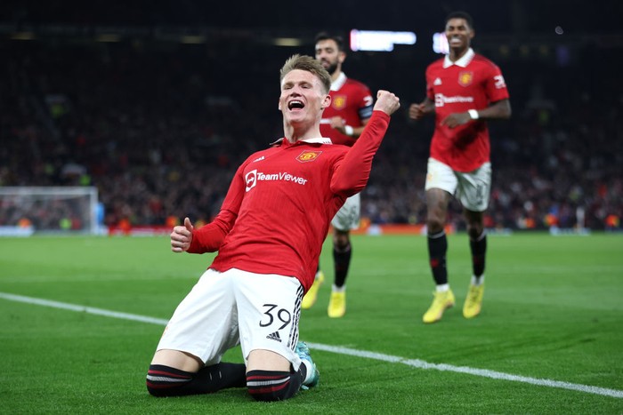 MANCHESTER, ENGLAND - OCTOBER 13: Scott McTominay of Manchester United celebrates after scoring their teams first goal during the UEFA Europa League group E match between Manchester United and Omonia Nikosia at Old Trafford on October 13, 2022 in Manchester, England. (Photo by Clive Brunskill/Getty Images)