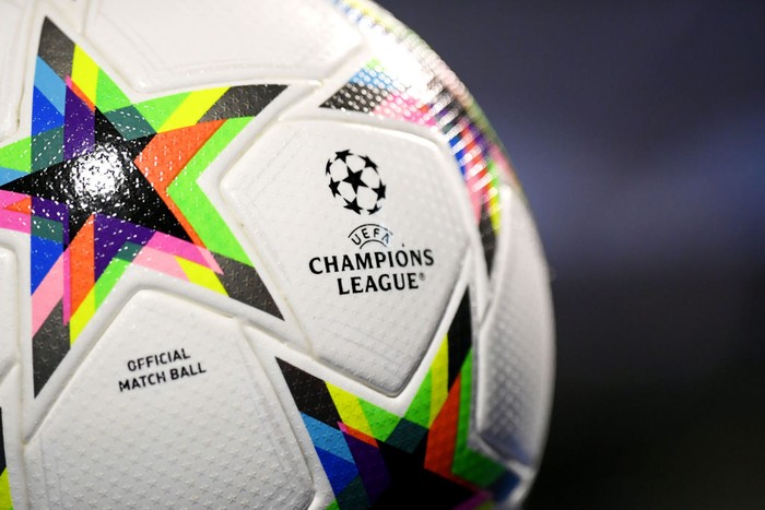 ZAGREB, CROATIA - OCTOBER 11: A detailed view of the UEFA Champions League logo on the Adidas Match Ball prior to kick off of the UEFA Champions League group E match between Dinamo Zagreb and FC Salzburg at Stadion Maksimir on October 11, 2022 in Zagreb, Croatia. (Photo by Jurij Kodrun/Getty Images)