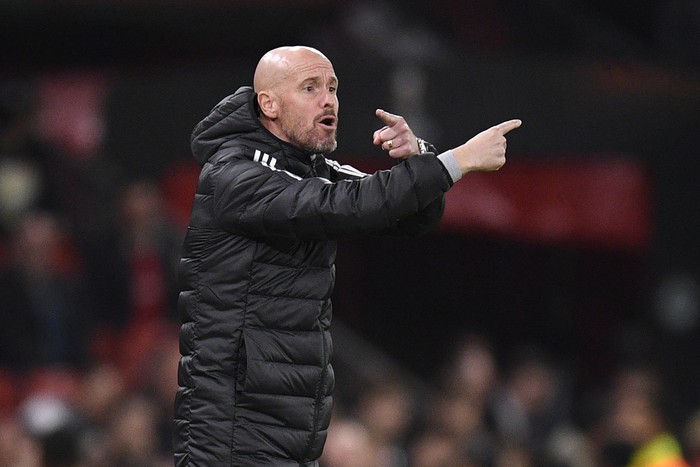 Manchester Uniteds Dutch manager Erik ten Hag gestures on the touchline during the UEFA Europa League Group E football match between Manchester United and Omonoia Nicosia, at Old Trafford stadium, in Manchester, north-west England, on October 13, 2022. (Photo by Oli SCARFF / AFP) (Photo by OLI SCARFF/AFP via Getty Images)