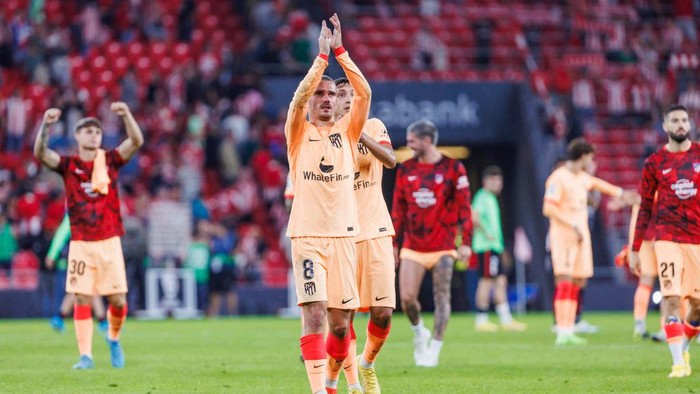 Antoine Griezmann of Atletico de Madrid during the La Liga match between Athletic Club and Atletico de Madrid at San Mames Stadium in Bilbao, Spain.(Photo by Pablo Garcia/DAX Images/NurPhoto via Getty Images)