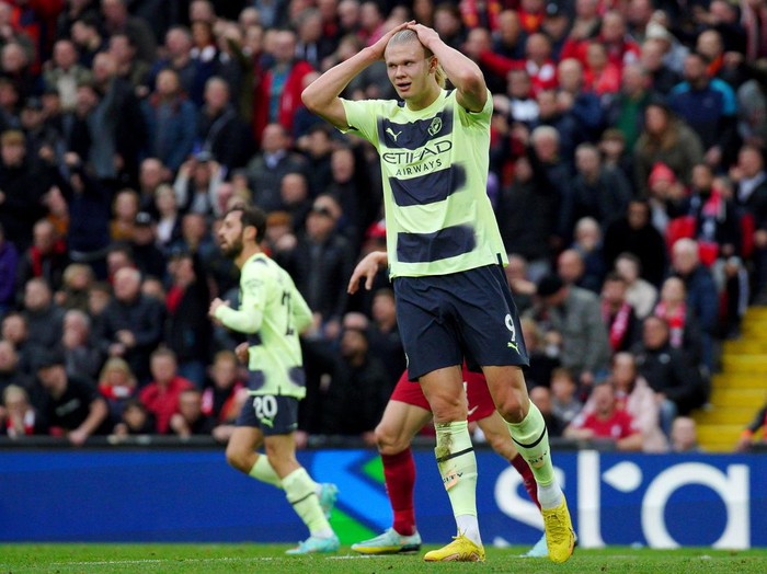 Manchester City's Erling Haaland reacts during the Premier League match at Anfield, Liverpool. Picture date: Sunday October 16, 2022. (Photo by Peter Byrne/PA Images via Getty Images)