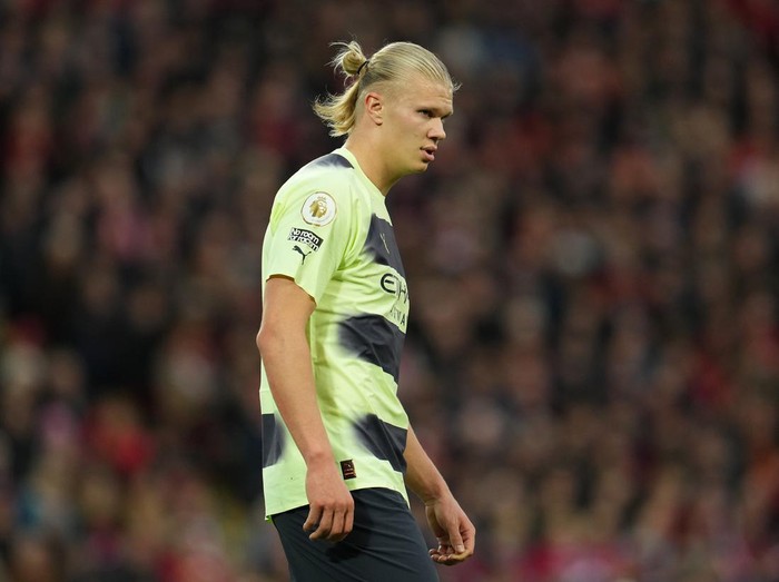 LIVERPOOL, ENGLAND - OCTOBER 16: Erling Haaland of Manchester City reacts during the Premier League match between Liverpool FC and Manchester City at Anfield on October 16, 2022 in Liverpool, England. (Photo by Matt McNulty - Manchester City/Manchester City FC via Getty Images)