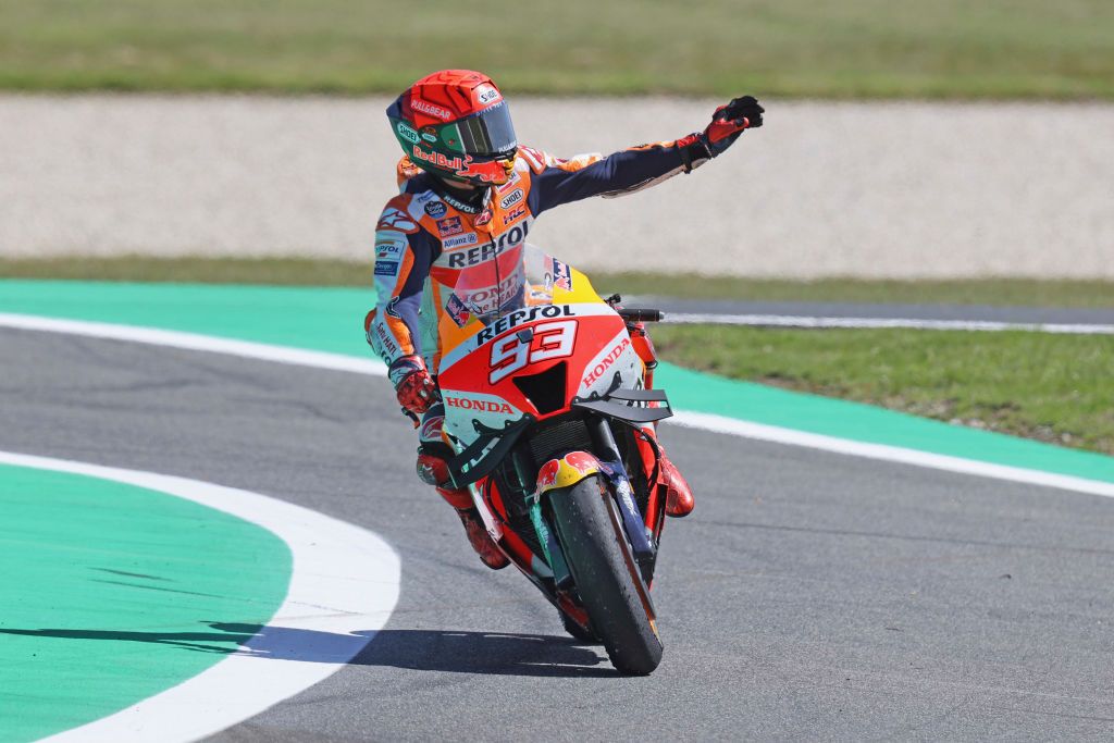 PHILLIP ISLAND, AUSTRALIA - OCTOBER 16: Marc Marquez of Spain and Repsol Honda Team greets the fans and celebrates the second place during the MotoGP race during the MotoGP of Australia at Phillip Island Grand Prix Circuit on October 16, 2022 in Phillip Island, Australia. (Photo by Mirco Lazzari gp/Getty Images)