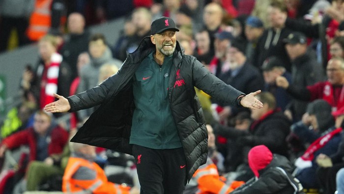 Liverpools manager Jurgen Klopp reacts during the English Premier League soccer match between Liverpool and Manchester City at Anfield stadium in Liverpool, Sunday, Oct. 16, 2022. (AP Photo/Jon Super)