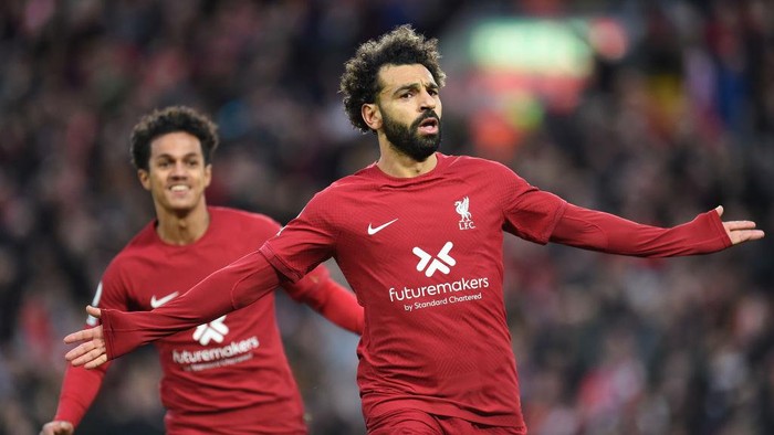 LIVERPOOL, ENGLAND - OCTOBER 16:  ( THE SUN OUT ,THE SUN ON SUNDAY OUT ) Mohamed Salah of Liverpool celebrates after scoring the first goal   during the Premier League match between Liverpool FC and Manchester City at Anfield on October 16, 2022 in Liverpool, England. (Photo by John Powell/Liverpool FC via Getty Images)