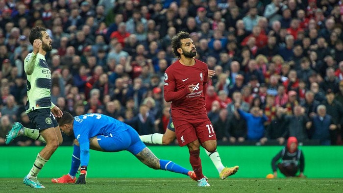 LIVERPOOL, ENGLAND - OCTOBER 16: (THE SUN OUT, THE SUN ON SUNDAY OUT) Mohamed Salah of Liverpool celebrates scoring during the Premier League match between Liverpool FC and Manchester City at Anfield on October 15, 2022 in Liverpool, United Kingdom. (Photo by Nick Taylor/Liverpool FC/Liverpool FC via Getty Images)