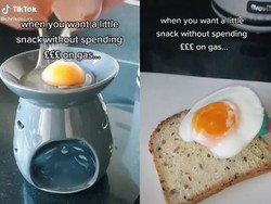 Nyeleneh! Wanita Ini Masak Telur Ceplok Pakai Tungku Lilin agar Hemat Gas