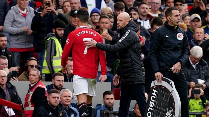 Manchester Uniteds Cristiano Ronaldo with manager Erik ten Hag after being substituted during the Premier League match at Old Trafford, Manchester. Picture date: Sunday October 16, 2022. (Photo by Martin Rickett/PA Images via Getty Images)