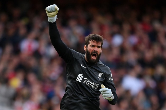 MANCHESTER, ENGLAND - APRIL 10: Alisson Becker of Liverpool in action during the Premier League match between Manchester City and Liverpool at Etihad Stadium on April 10, 2022 in Manchester, England. (Photo by Michael Regan/Getty Images)
