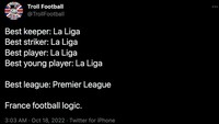 Nah, yang ini menarik pula untuk disimak. LaLiga Spanyol unjuk gigi di Ballon dOr 2022, jadi apa Premier League Inggris masih layak menyandang predikat terbaik? Foto: dok. Internet/Twitter