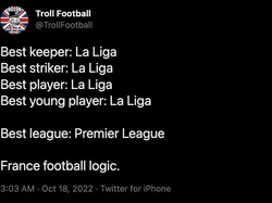 Nah, yang ini menarik pula untuk disimak. LaLiga Spanyol unjuk gigi di Ballon dOr 2022, jadi apa Premier League Inggris masih layak menyandang predikat terbaik? Foto: dok. Internet/Twitter