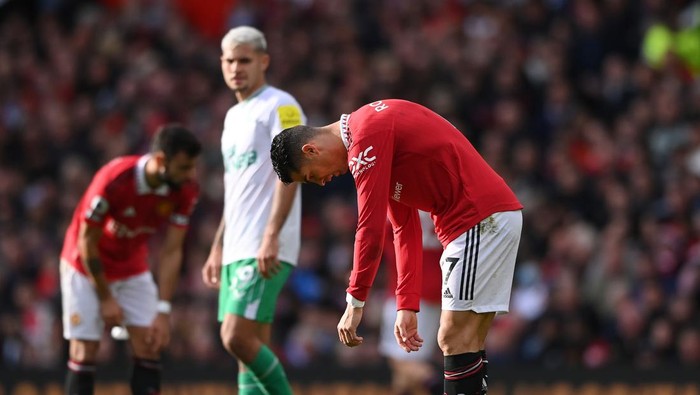 MANCHESTER, ENGLAND - OCTOBER 16: Cristiano Ronaldo of Manchester United reacts to being substituted during the Premier League match between Manchester United and Newcastle United at Old Trafford on October 16, 2022 in Manchester, England. (Photo by Stu Forster/Getty Images)